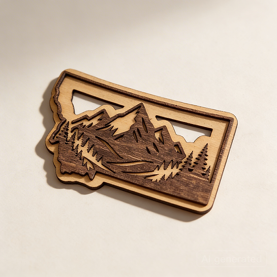 Angled view of the Montana mountain range layered wood magnet showing carved peaks and pines, from The Ruddy Duck in Whitefish, Montana