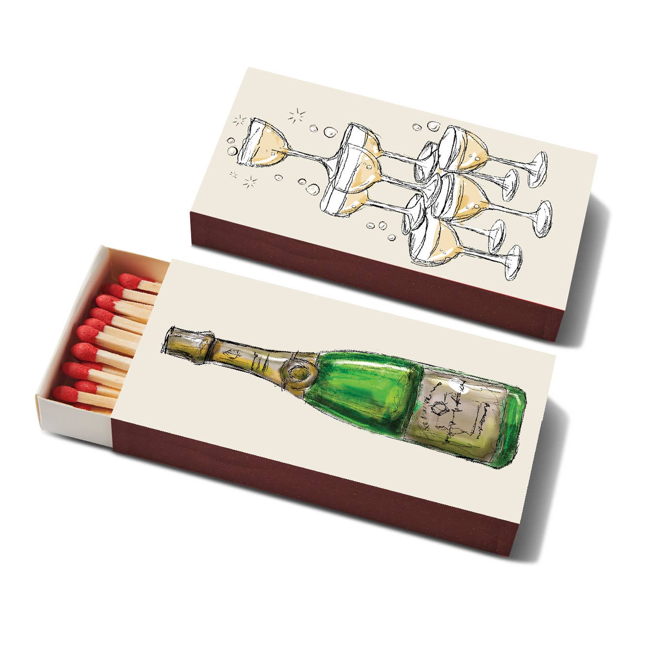 Decorative matchbox with festive champagne design holding 40 long wooden matches, from The Ruddy Duck in Whitefish, Montana