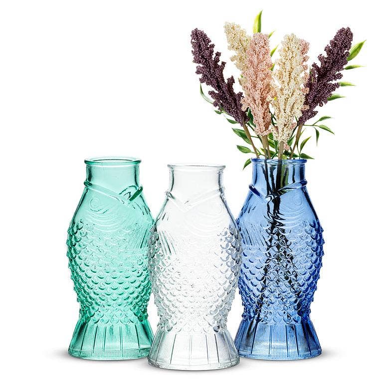 Small fish shaped glass bud vase with molded scales, from The Ruddy Duck in Whitefish, Montana