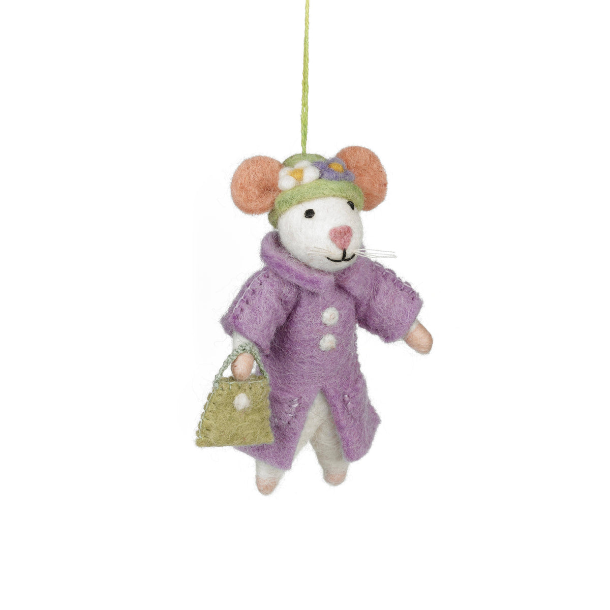 Handmade felt mouse decoration in lilac coat and green flowered hat with handbag, from The Ruddy Duck in Whitefish, Montana