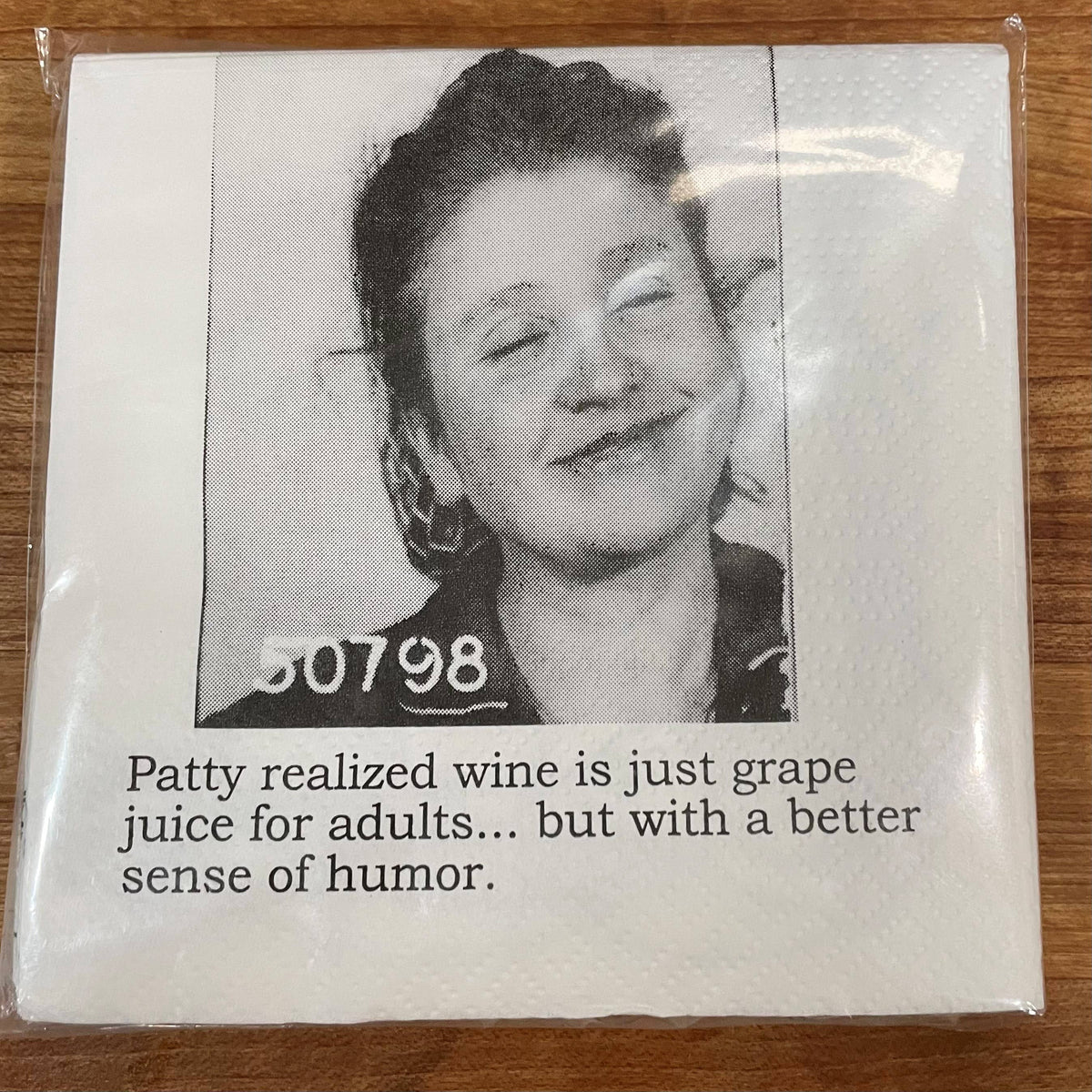 Wine Is Just Grape Juice for Adults funny mugshot cocktail napkins, pack of 20, from The Ruddy Duck in Whitefish, Montana