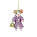 Handmade felt mouse decoration in lilac coat and green flowered hat with handbag, from The Ruddy Duck in Whitefish, Montana