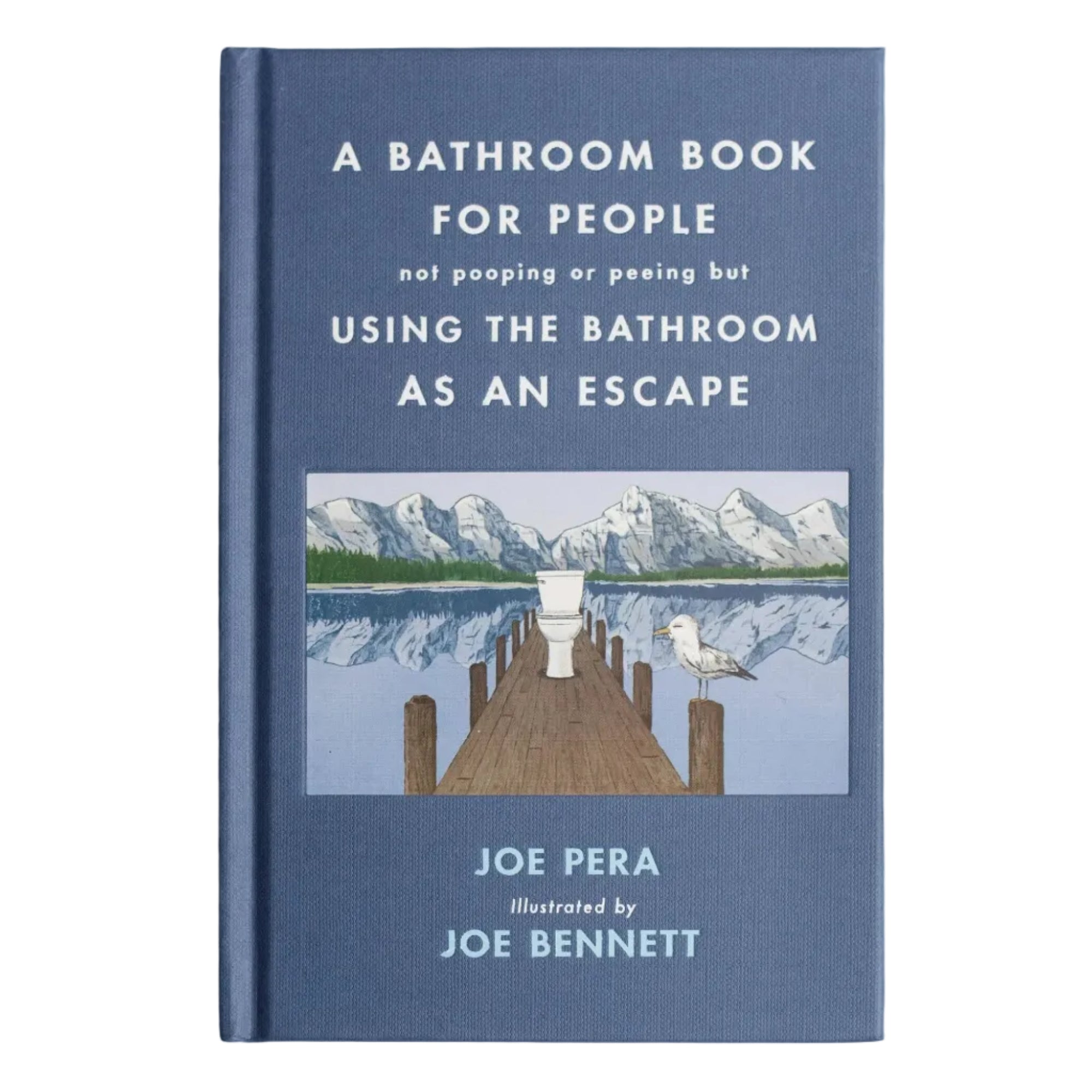 Book cover with illustration of a lake and mountains, titled 'A Bathroom Book for People Not Pooping or Peeing but Using the Bathroom as an Escape' by Joe Pera.