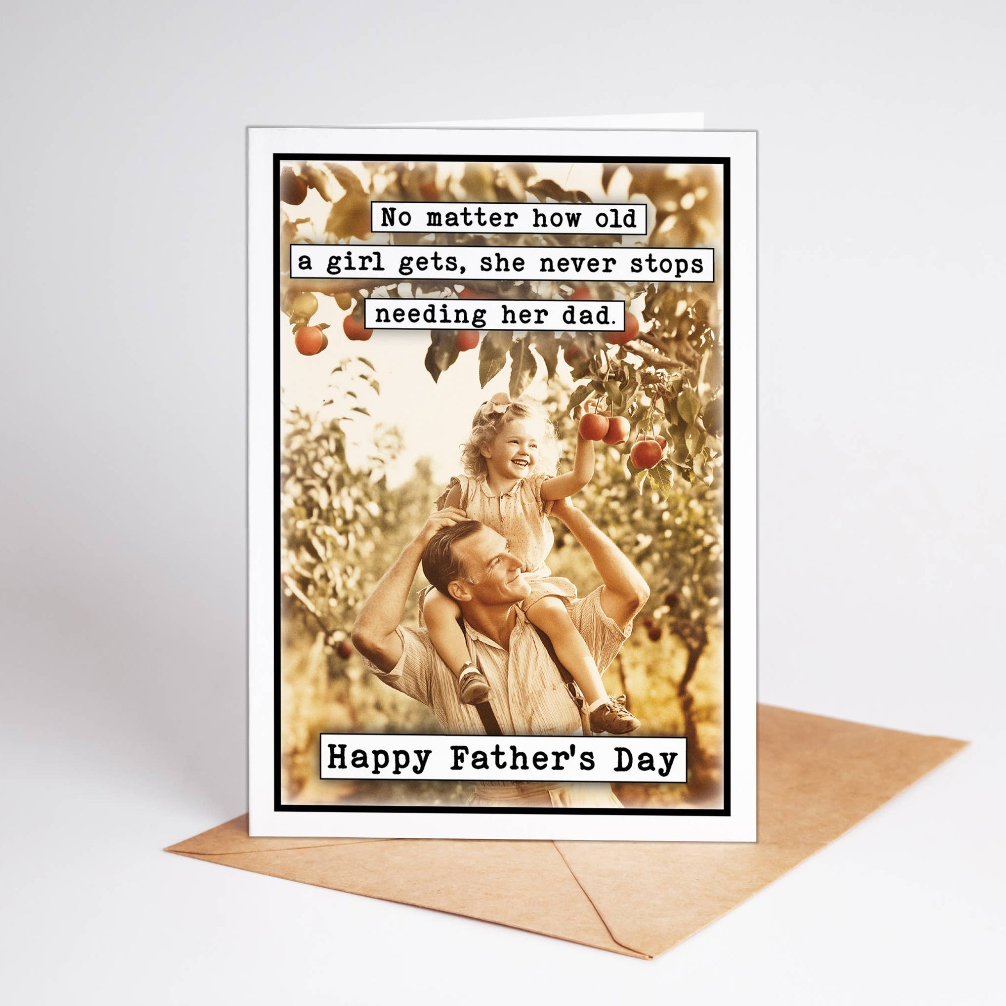 Father's Day card with a vintage photo of a girl and a boy in an apple orchard, with text about needing her dad.
