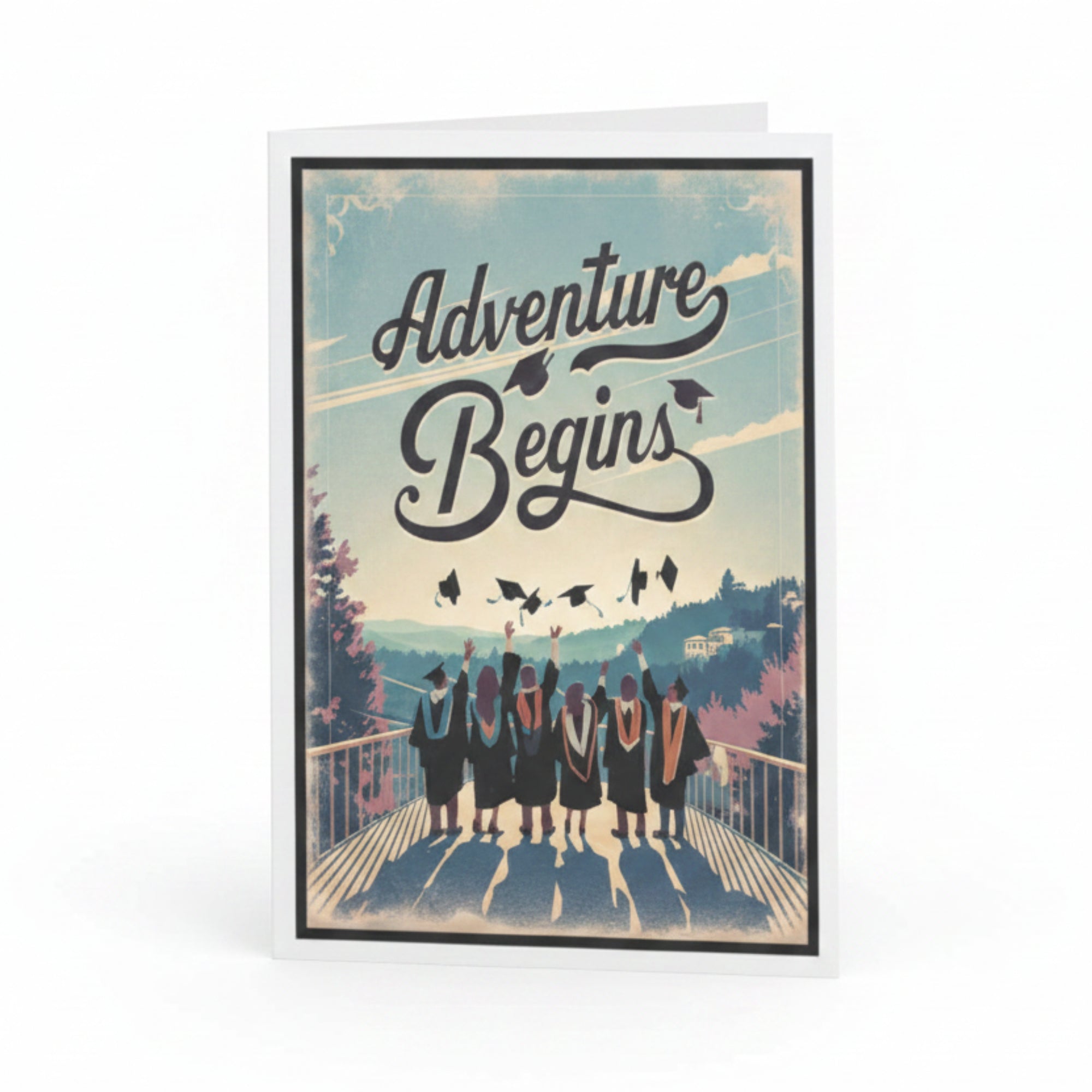Greeting card with 'Adventure Begins' text and a scenic design on a gray background