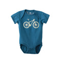Blue baby onesie with a bicycle design on a white background