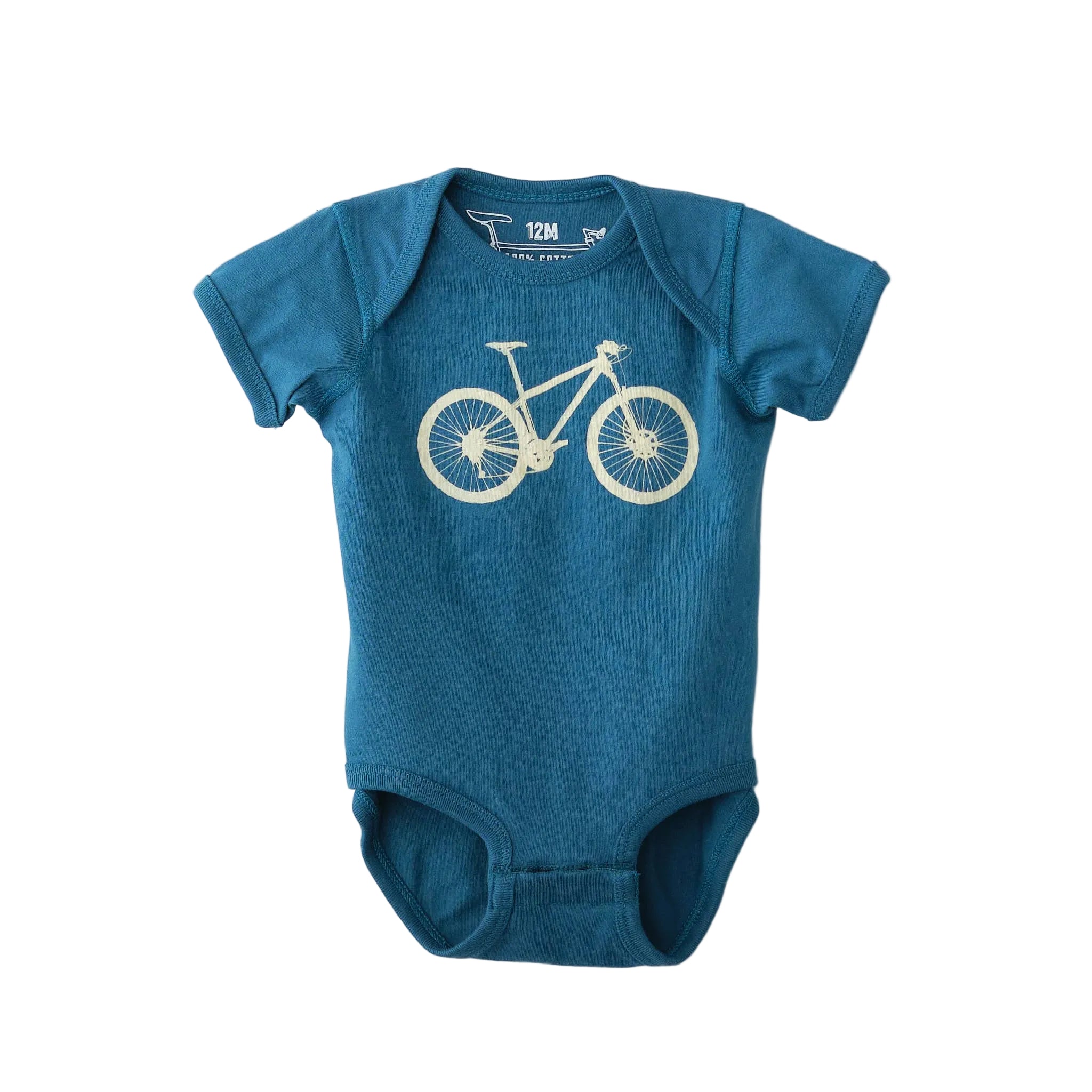 Blue baby onesie with a bicycle design on a white background