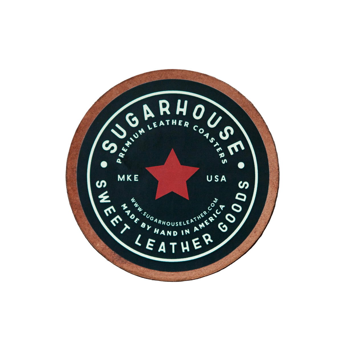 Montana American flag 4 inch leather coaster from The Ruddy Duck in Whitefish, Montana, alternate view