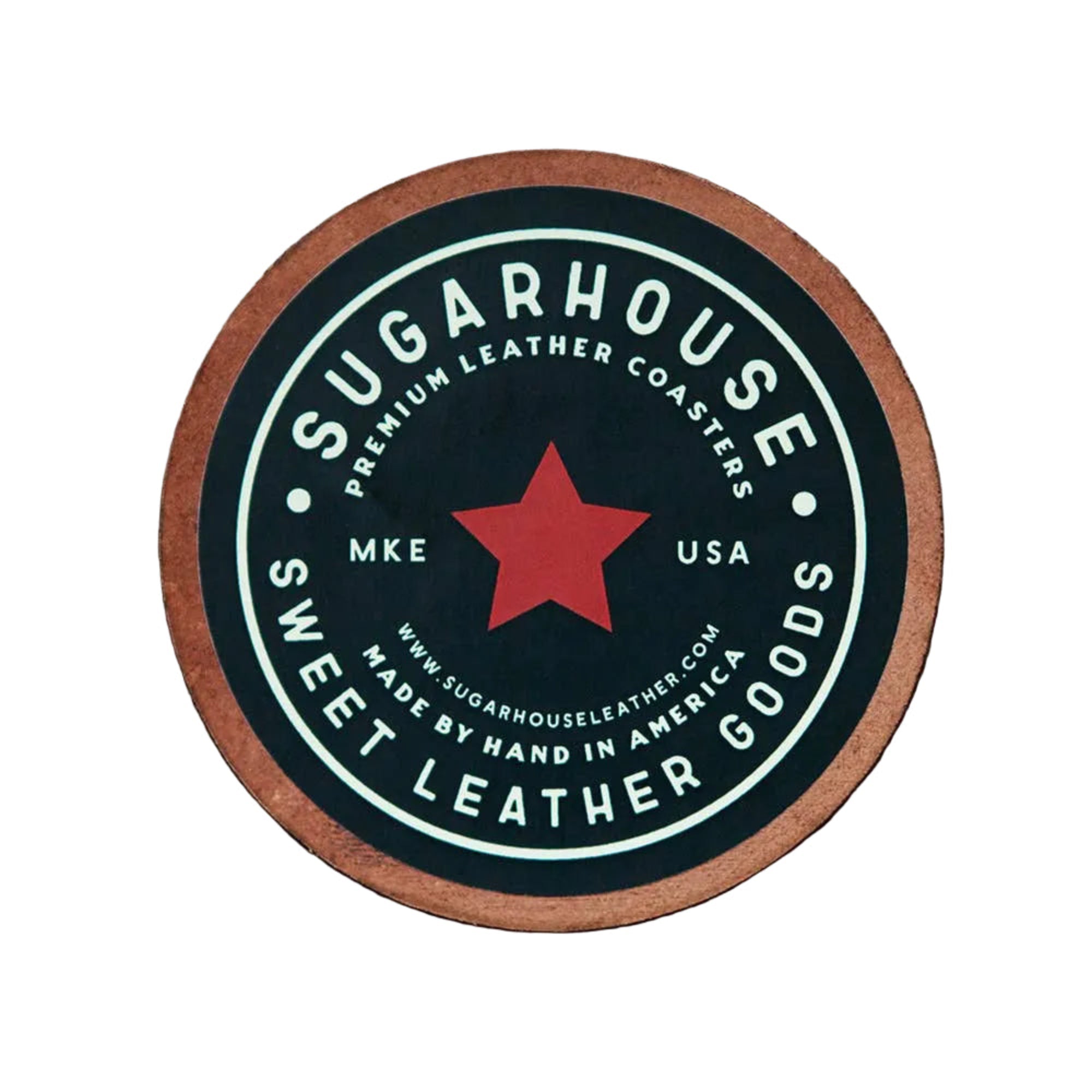 Round leather coaster with 'Sugarhouse Leather Goods' branding on a wooden surface