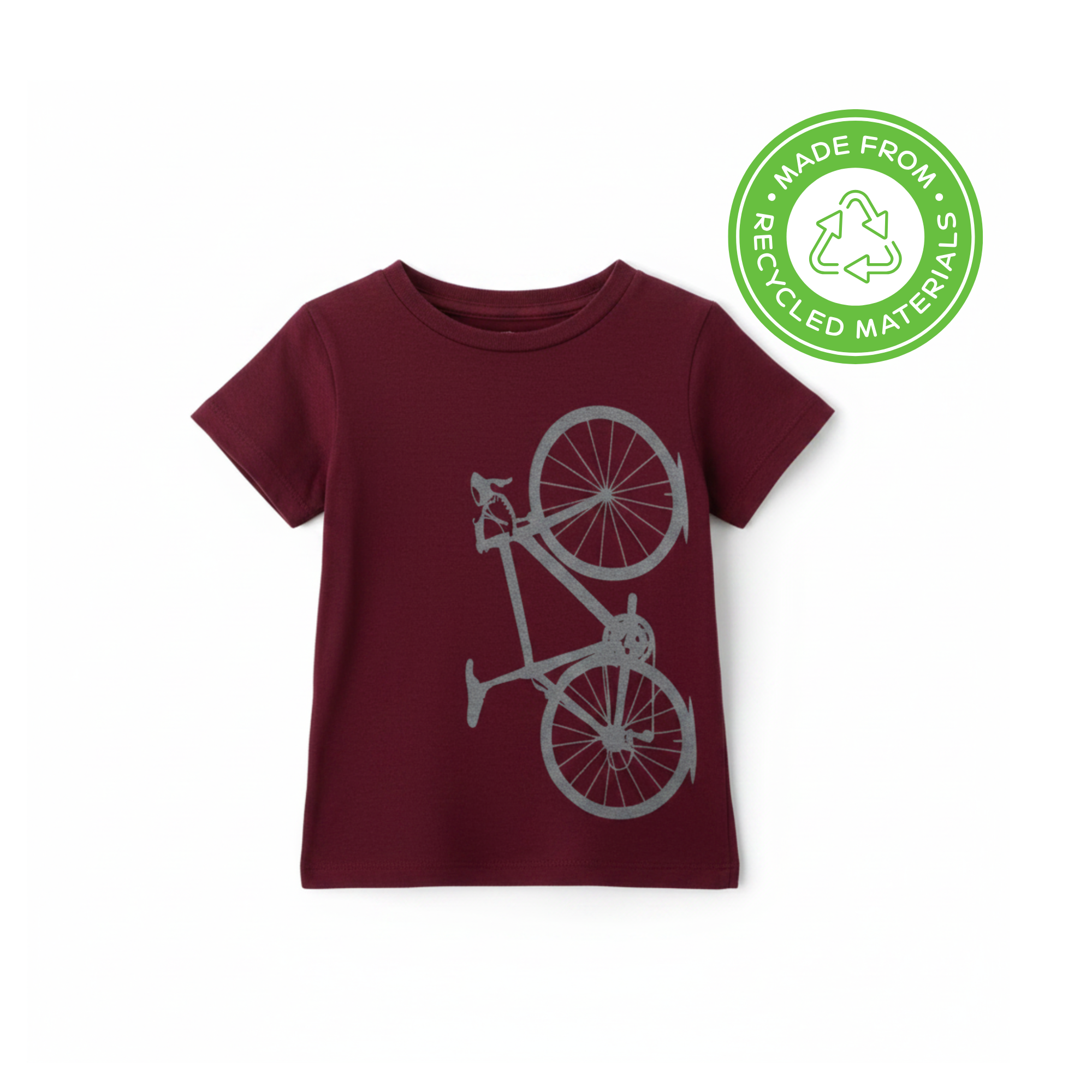 Maroon t-shirt with bicycle graphic and green recycling logo on a white background