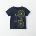 Navy blue t-shirt with yellow bicycle design on a white hanger against a light gray background