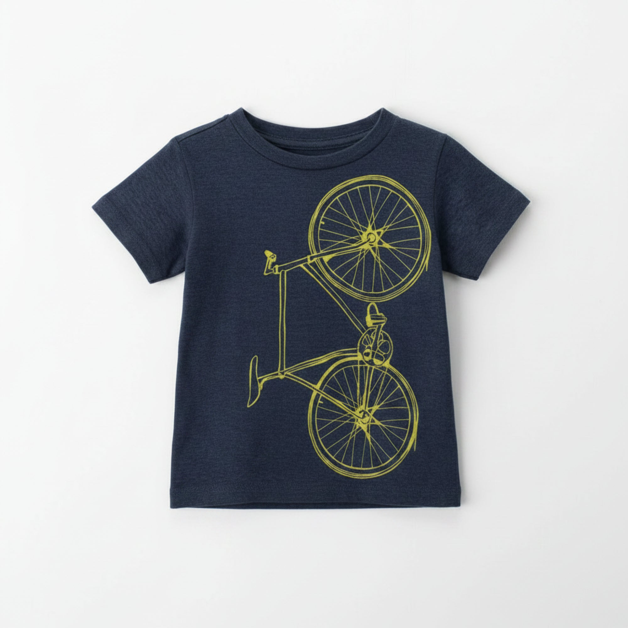 Navy blue t-shirt with yellow bicycle design on a white hanger against a light gray background
