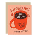 Birthday card with an orange coffee cup graphic and text on a peach background