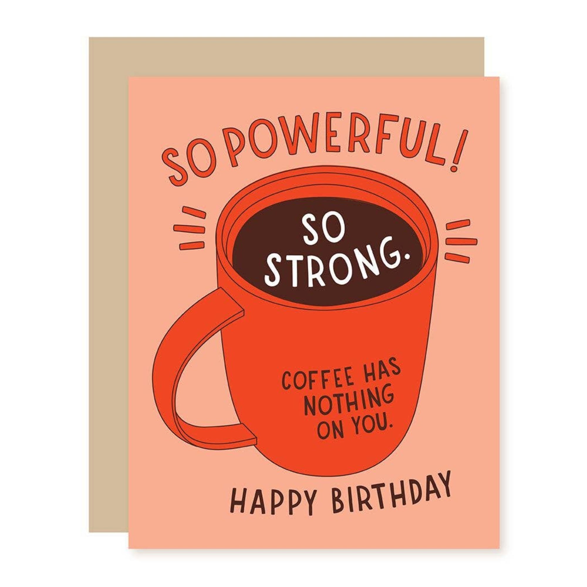 Birthday card with an orange coffee cup graphic and text on a peach background