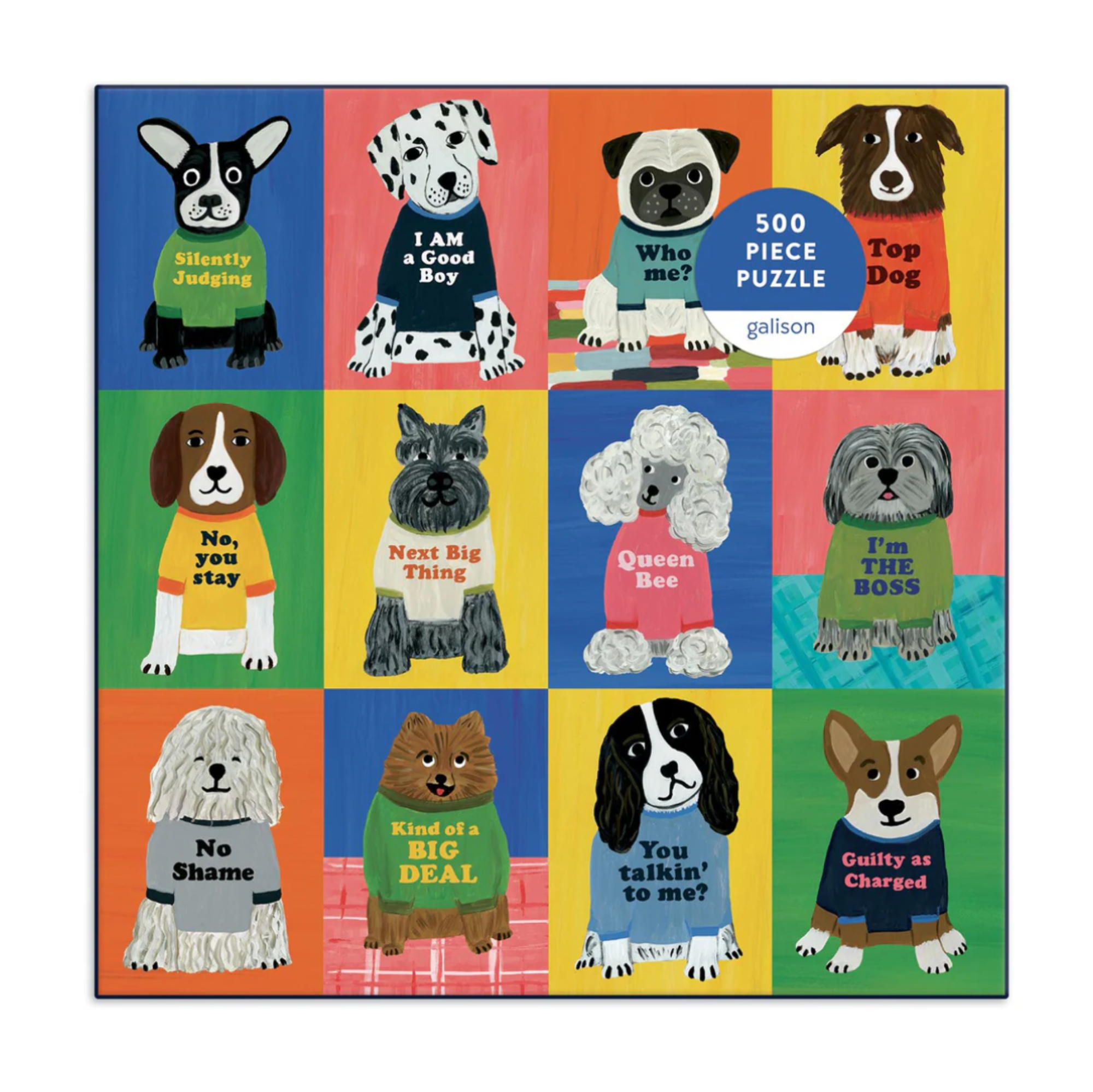 Puzzle box with cartoon dogs in various poses and text on a colorful grid background
