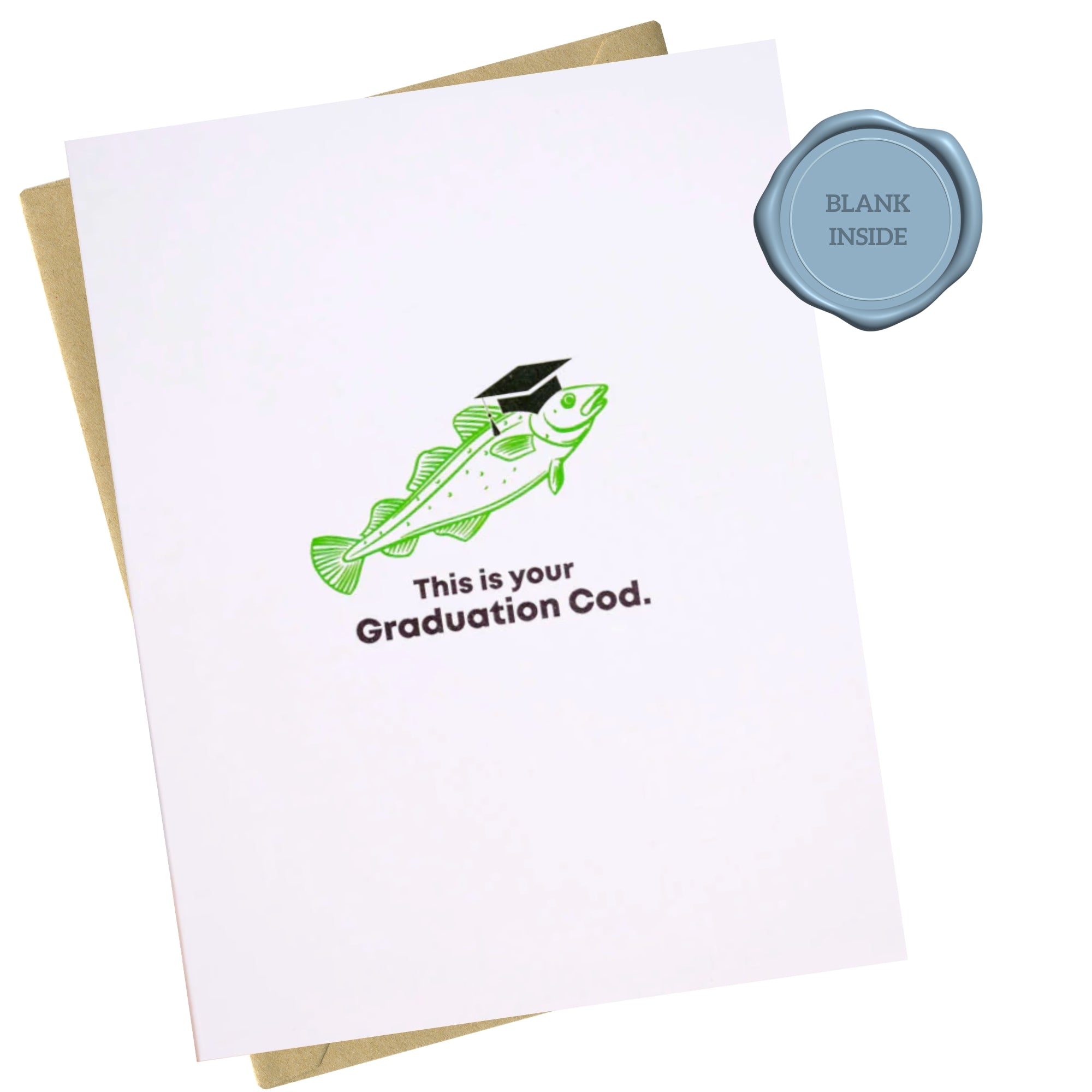 Graduation-themed greeting card with fish illustration and 'Blank Inside' stamp on a white background