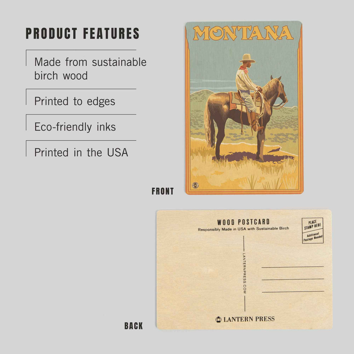 Cowboy On Horse - Montana Wood Postcard