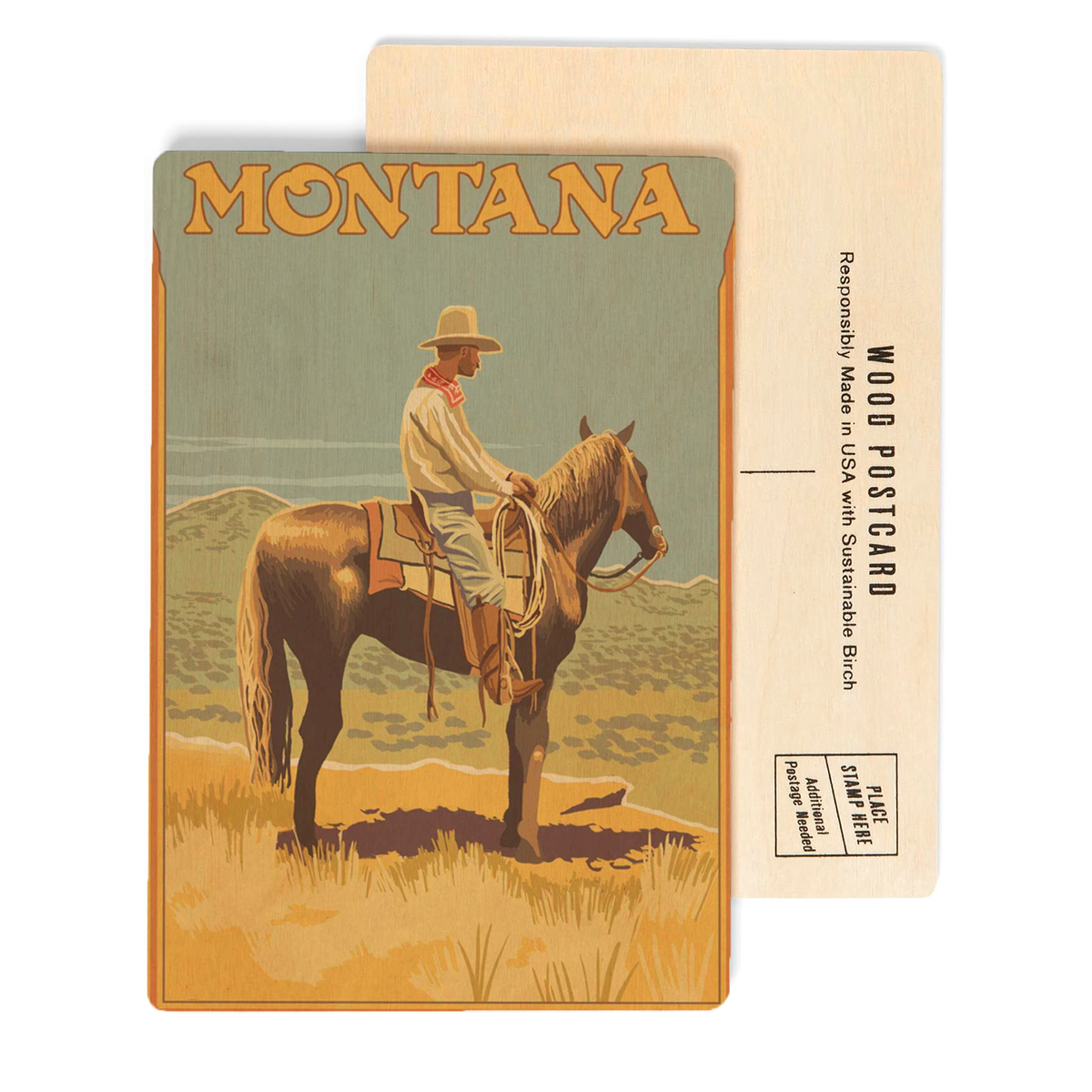 Cowboy On Horse - Montana Birch Wood Postcard