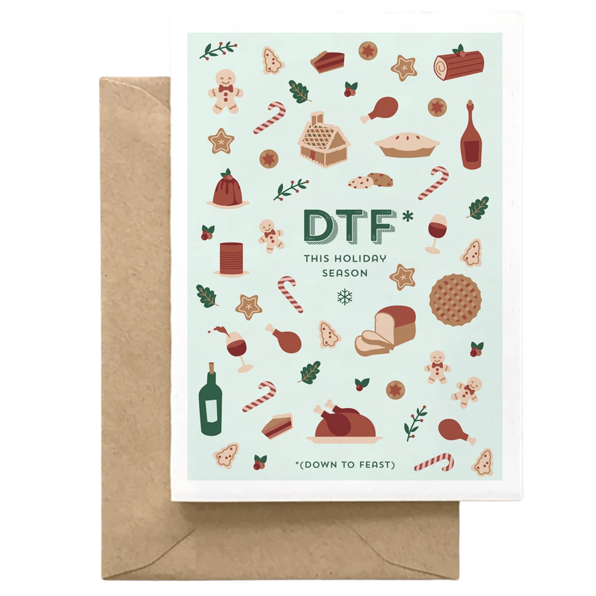 DTF Down To Feast holiday greeting card with festive food illustrations on a pale mint background, shown with a kraft envelope