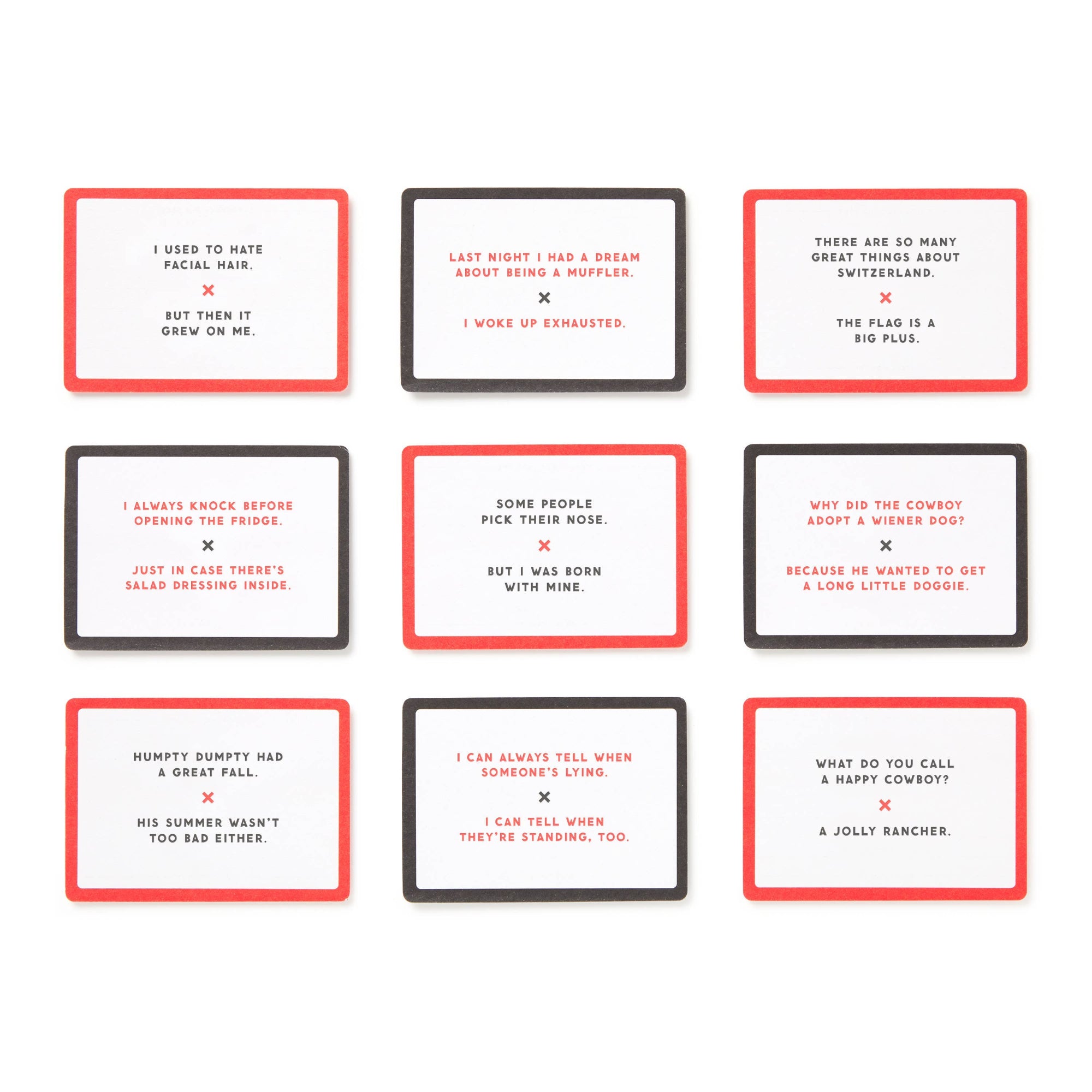 Set of humorous sayings on small cards with red borders.