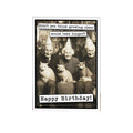 Birthday card with vintage photo of people and cats wearing party hats, text 'Didn't you think growing older would take longer? Happy Birthday!'.