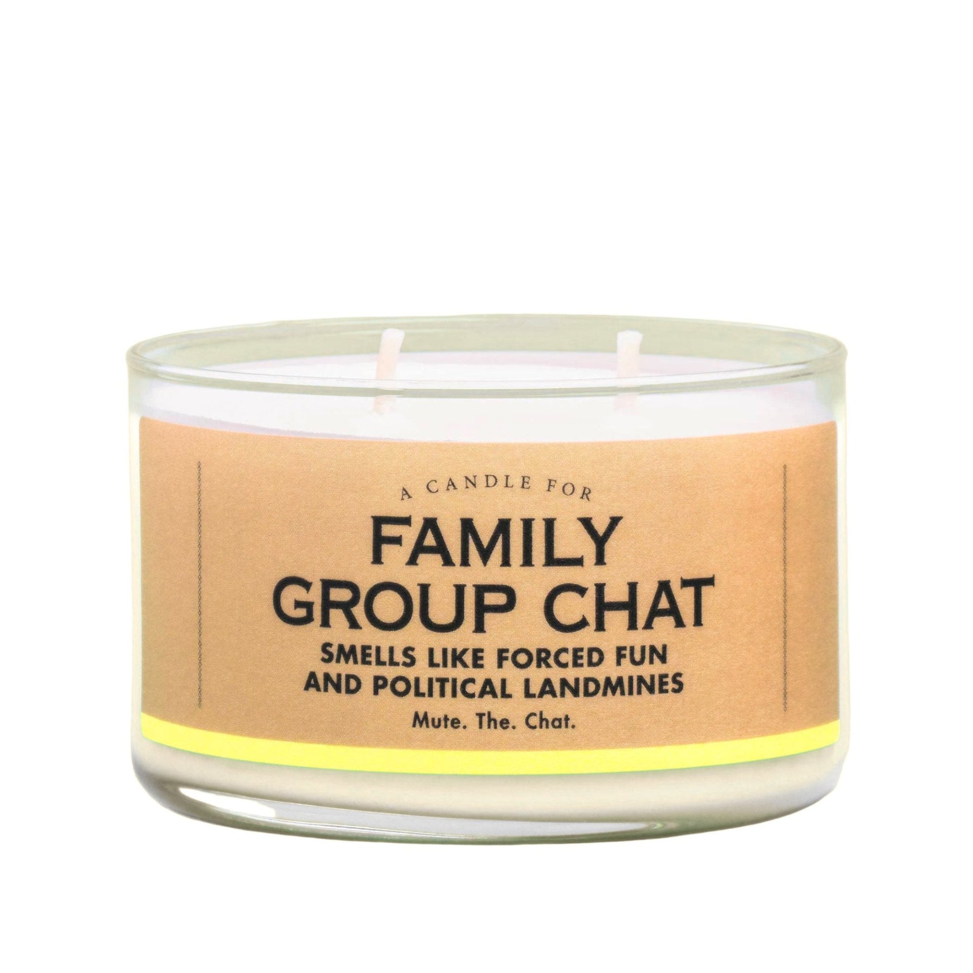 Candle with a humorous label on a teal background