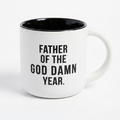 White mug with black interior and handle, featuring text on a white background
