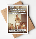 Father's Day card with a vintage-style photo of a man and children, text about a dad, and a brown envelope.