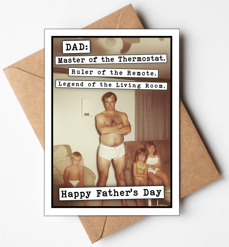 Father's Day card with a vintage-style photo of a man and children, text about a dad, and a brown envelope.