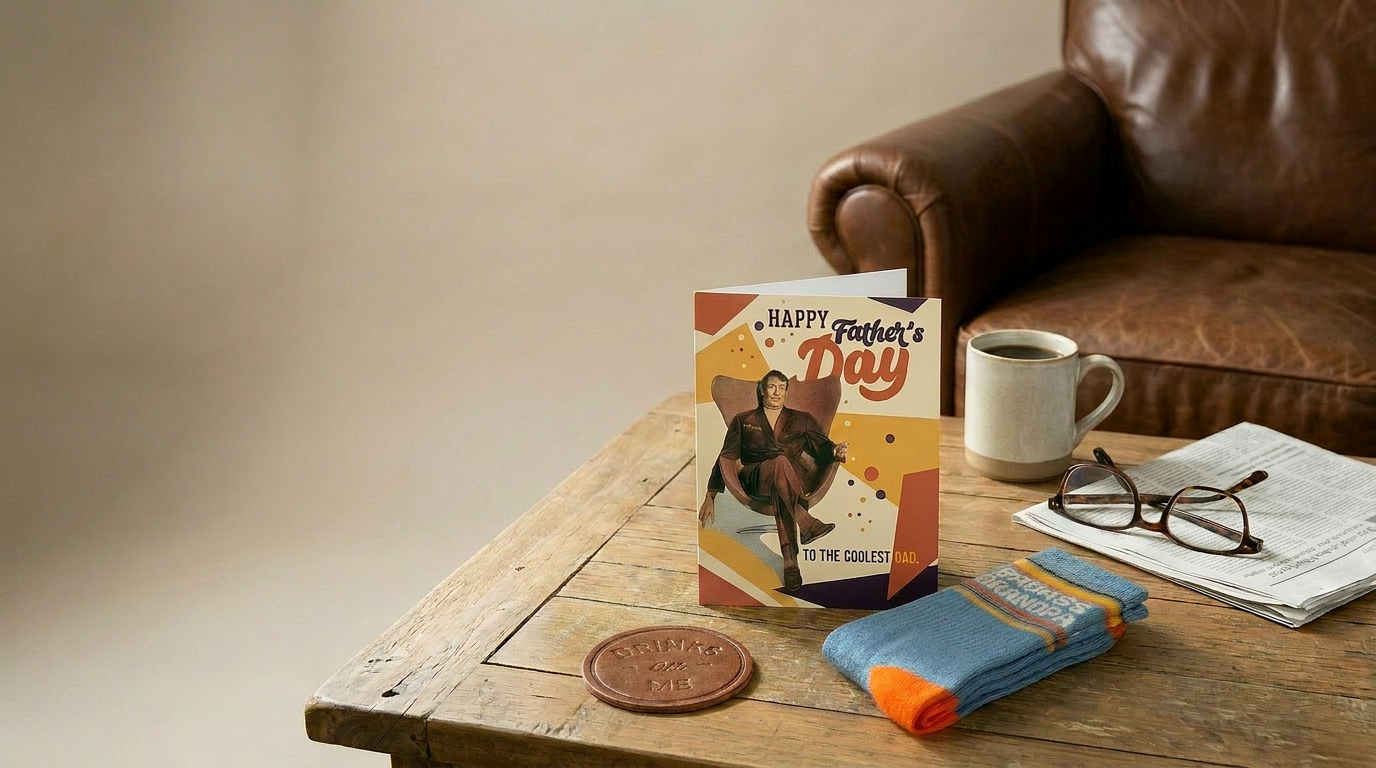 Father's Day card with coffee, socks, and glasses on a wooden table.