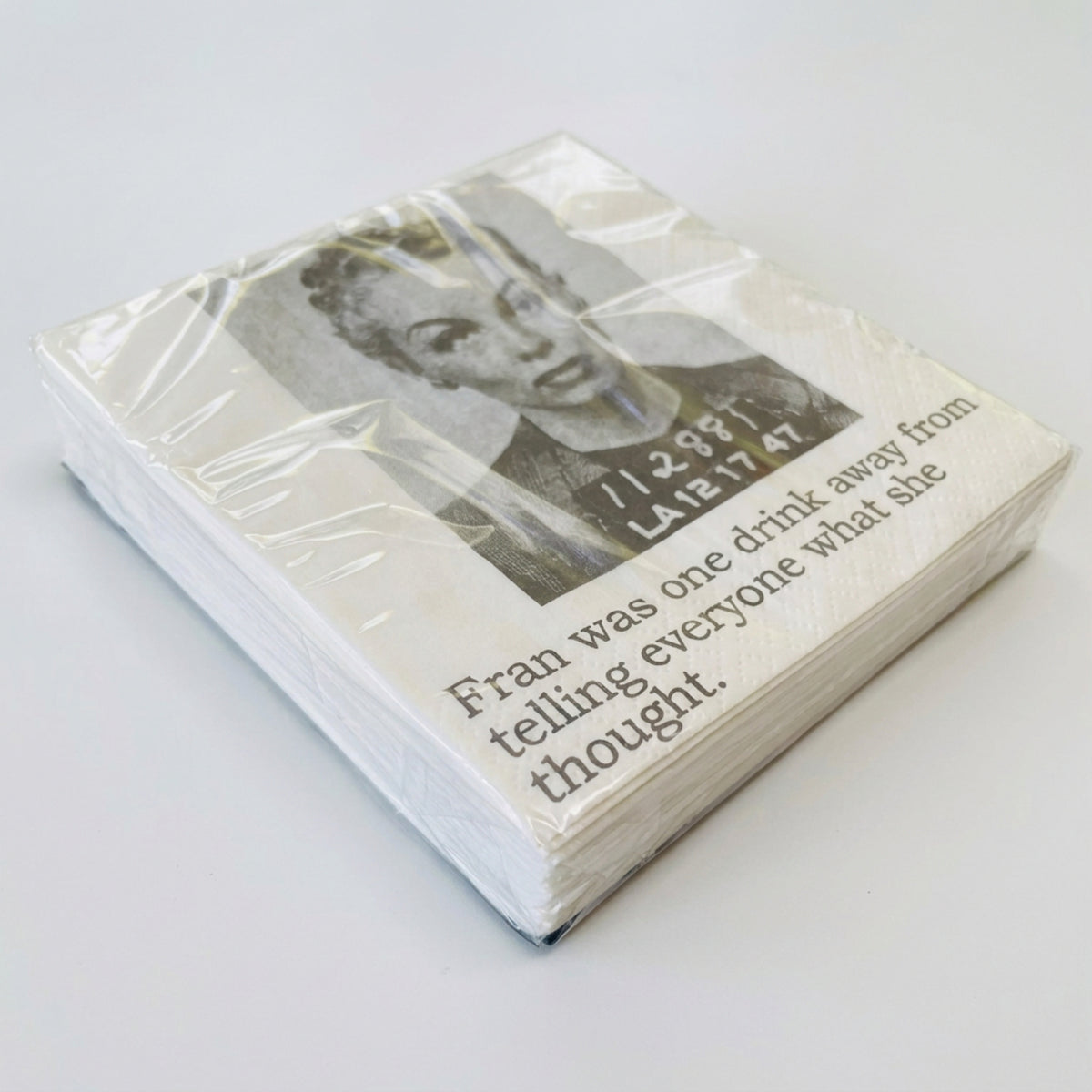 Fran Was One Drink Away funny mugshot cocktail napkins, pack of 20, from The Ruddy Duck in Whitefish, Montana
