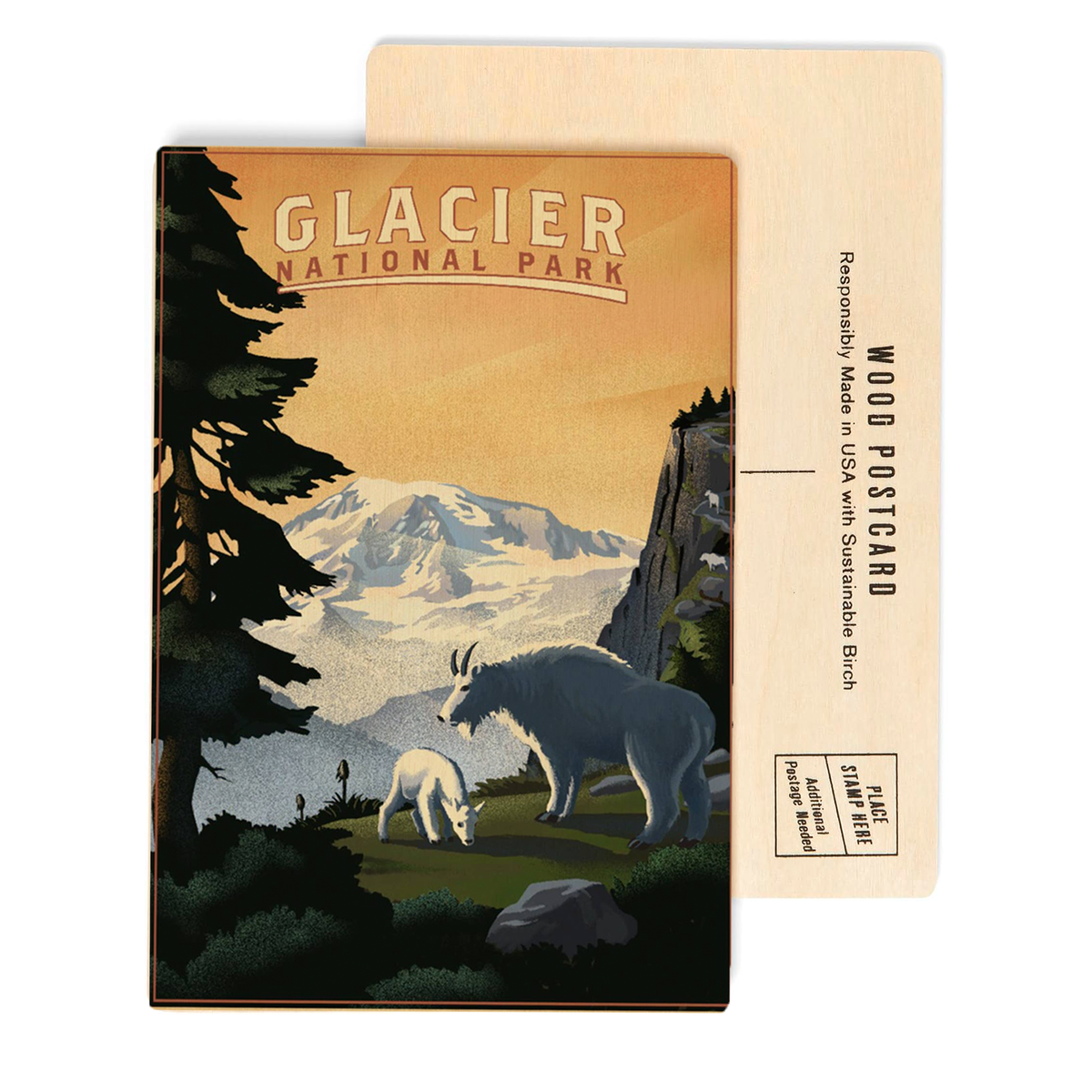 Glacier Park Mountain Goats -  Birch Wood Postcard