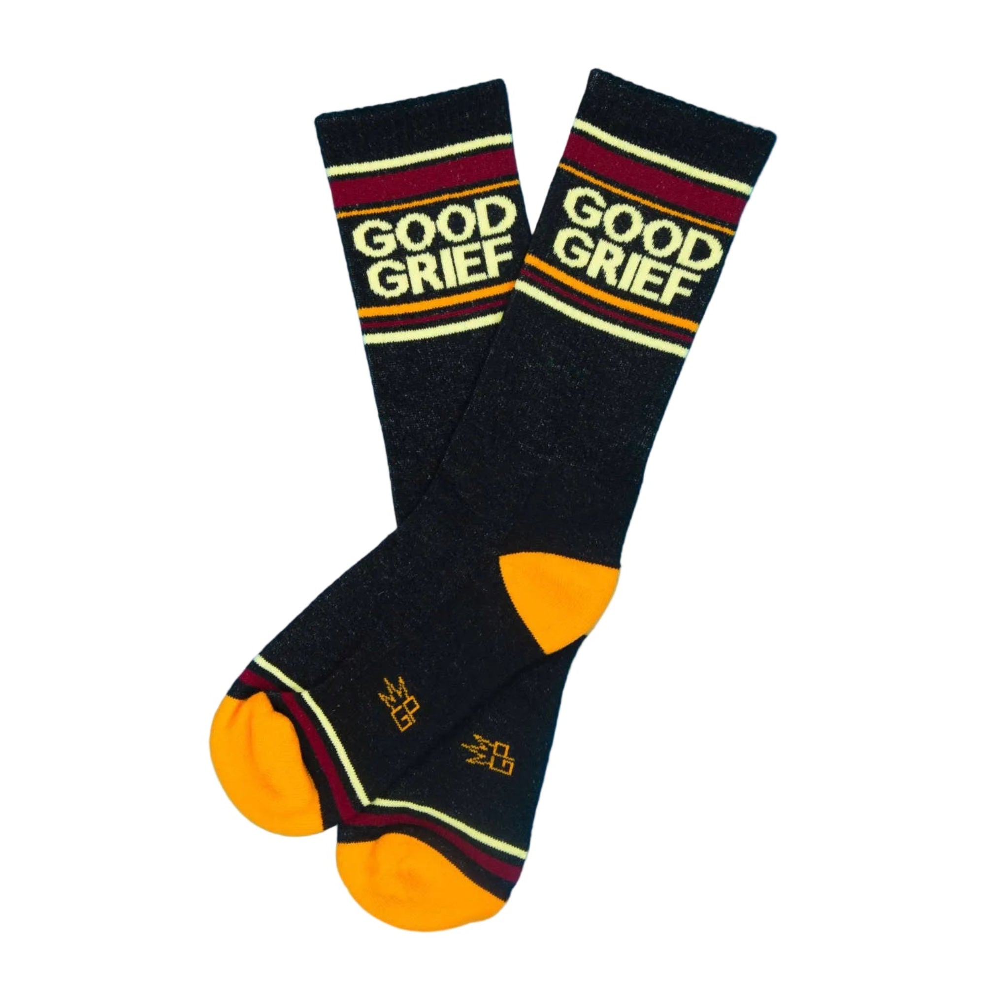 Black socks with 'Good Grief' text on a blue background