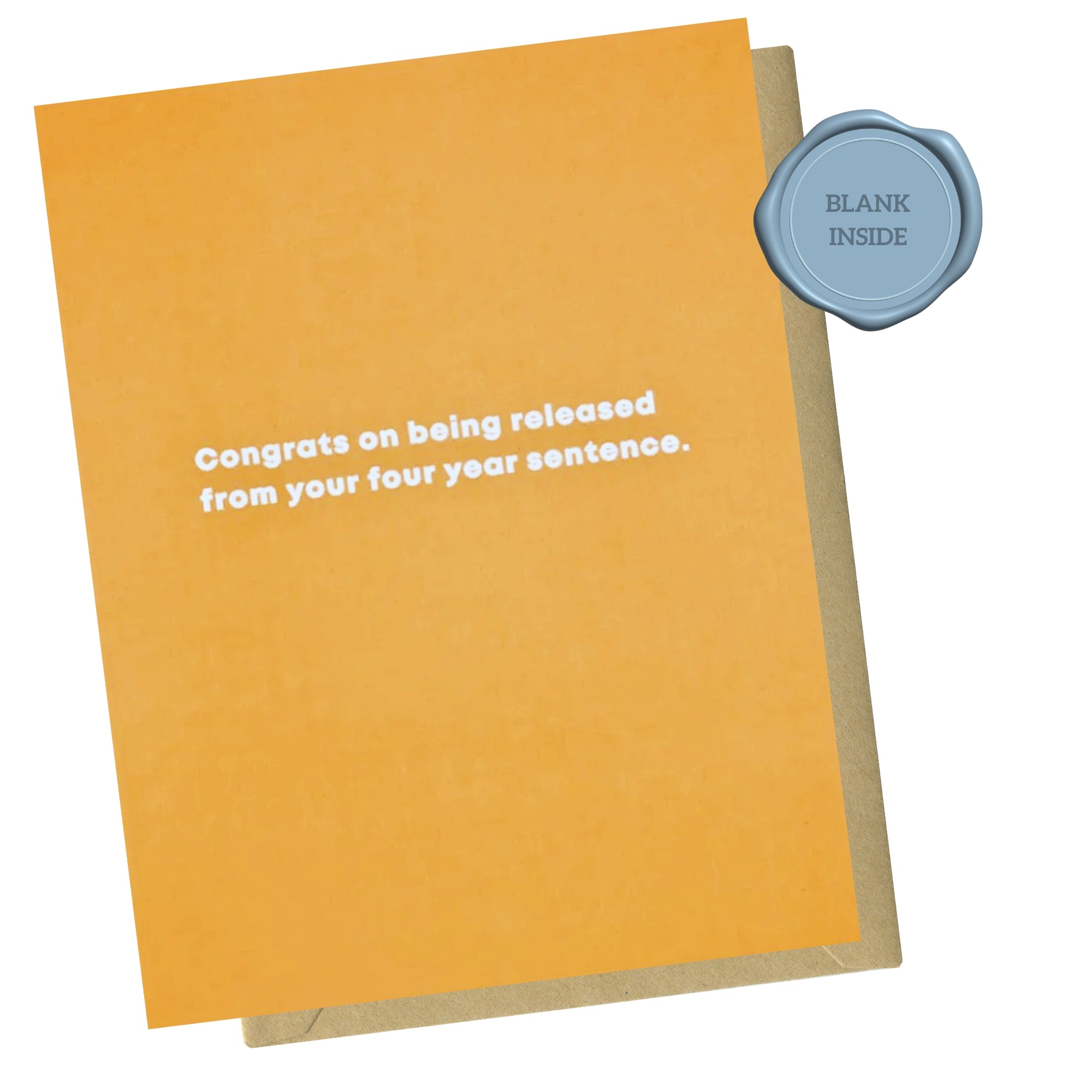Orange card with white text and a blue stamp on a white background