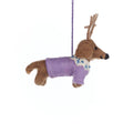 Handmade felt dachshund Christmas ornament with reindeer antlers, from The Ruddy Duck in Whitefish, Montana
