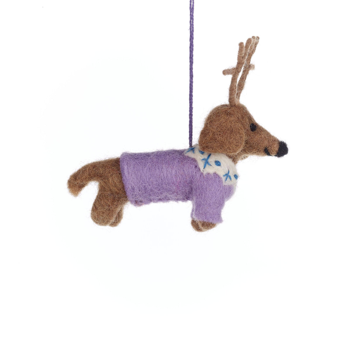 Handmade felt dachshund Christmas ornament with reindeer antlers, from The Ruddy Duck in Whitefish, Montana