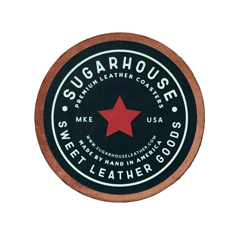 Here For A Good Time 4 inch leather coaster from The Ruddy Duck in Whitefish, Montana, alternate view