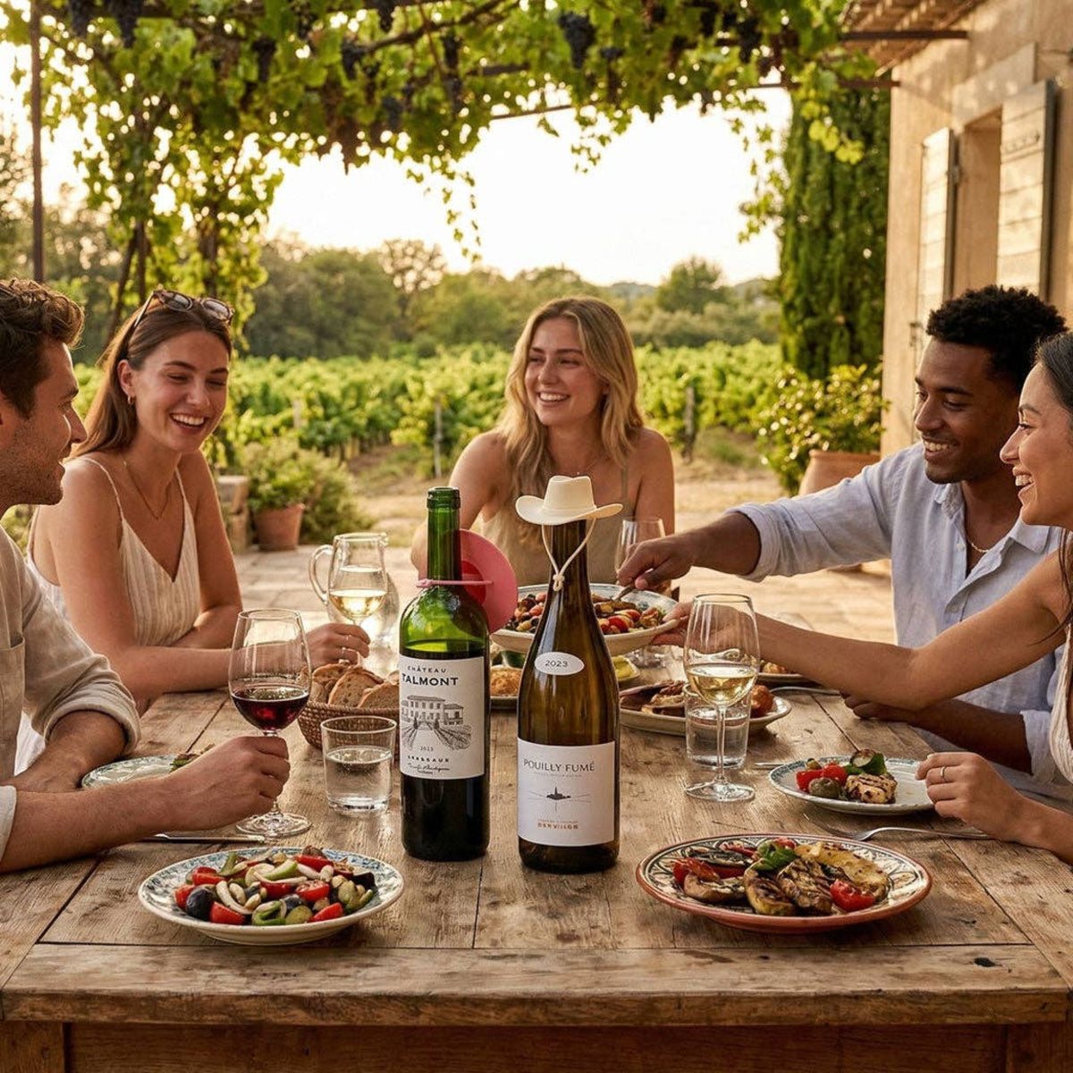 A group of five friends gathered around a rustic wooden table in a vineyard at sunset, sharing wine, food, and laughter. Two bottles of wine from Calvayon are prominently displayed on the table, one with a cowboy hat decoration on top.