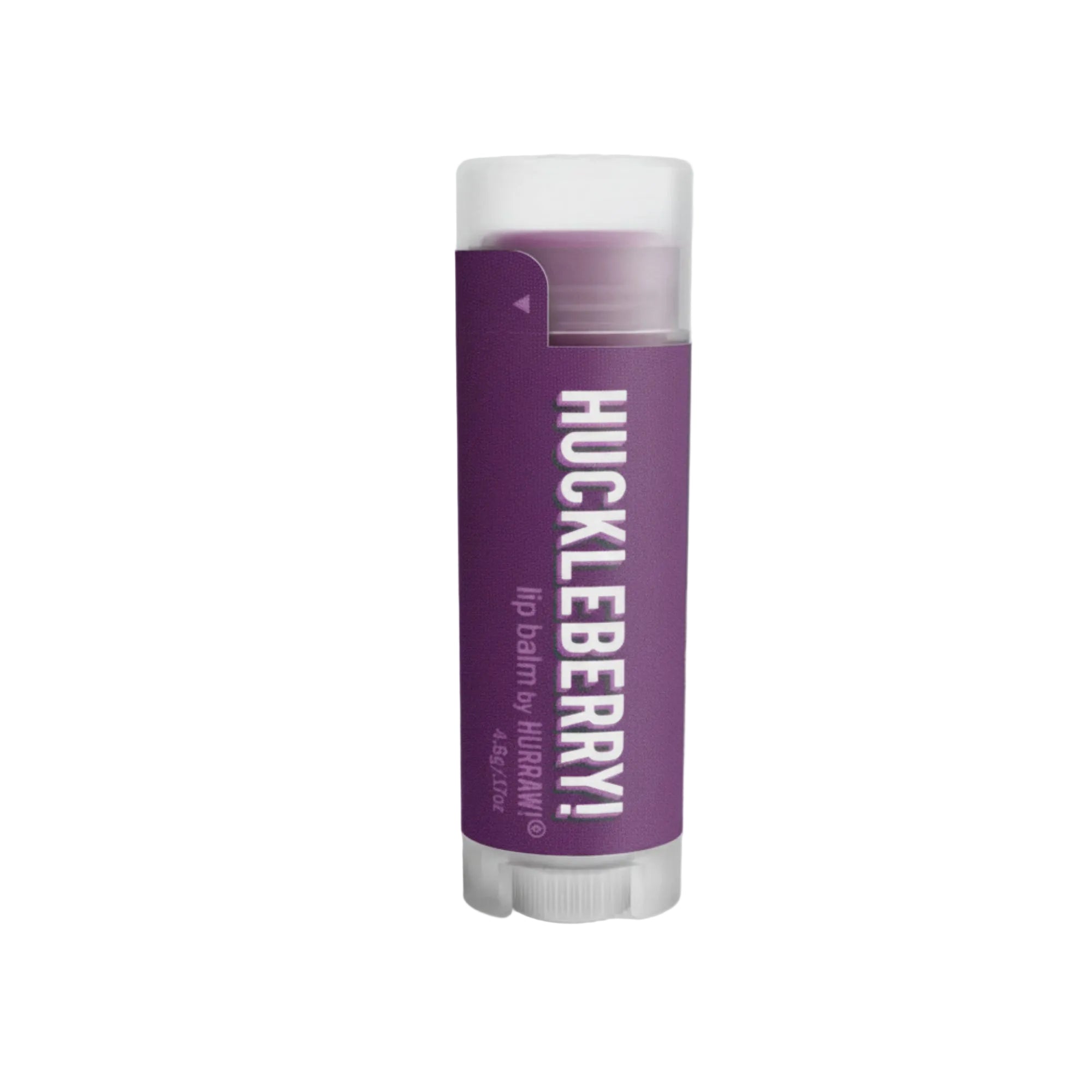 Purple lip balm stick with 'Huckleberry!' branding on a light gray background