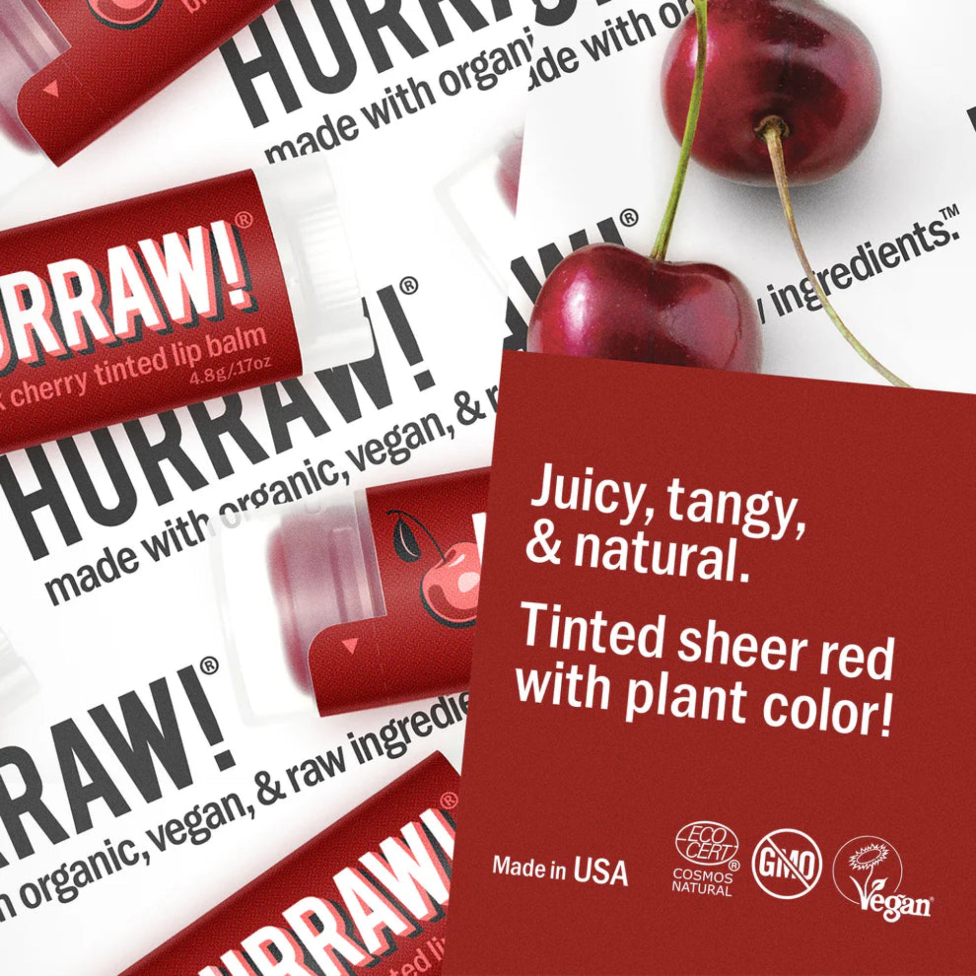 HURRAW! cherry tinted lip balm packaging with cherry illustration and product description text.
