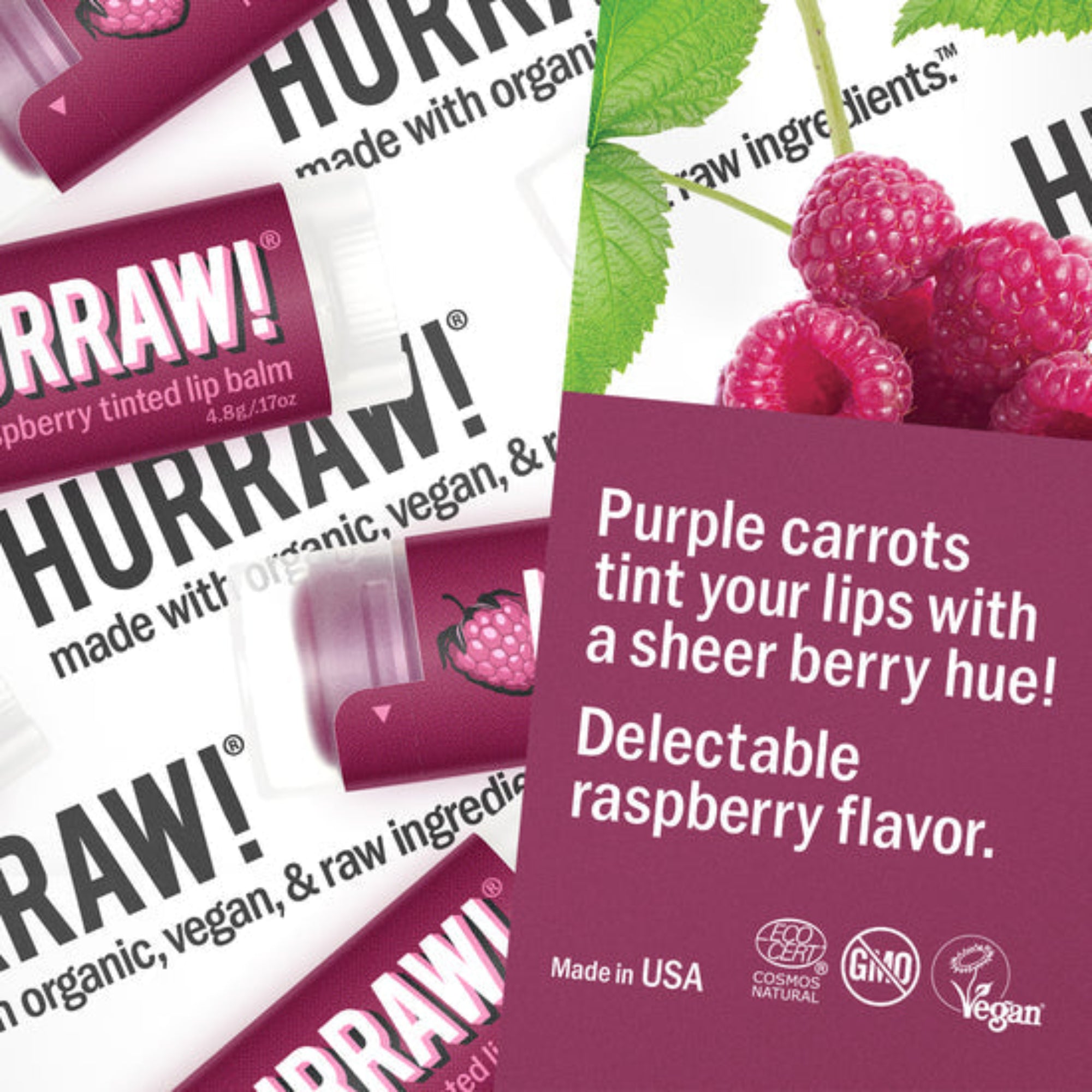 HURRAW! raspberry tinted lip balm packaging with product details and branding.