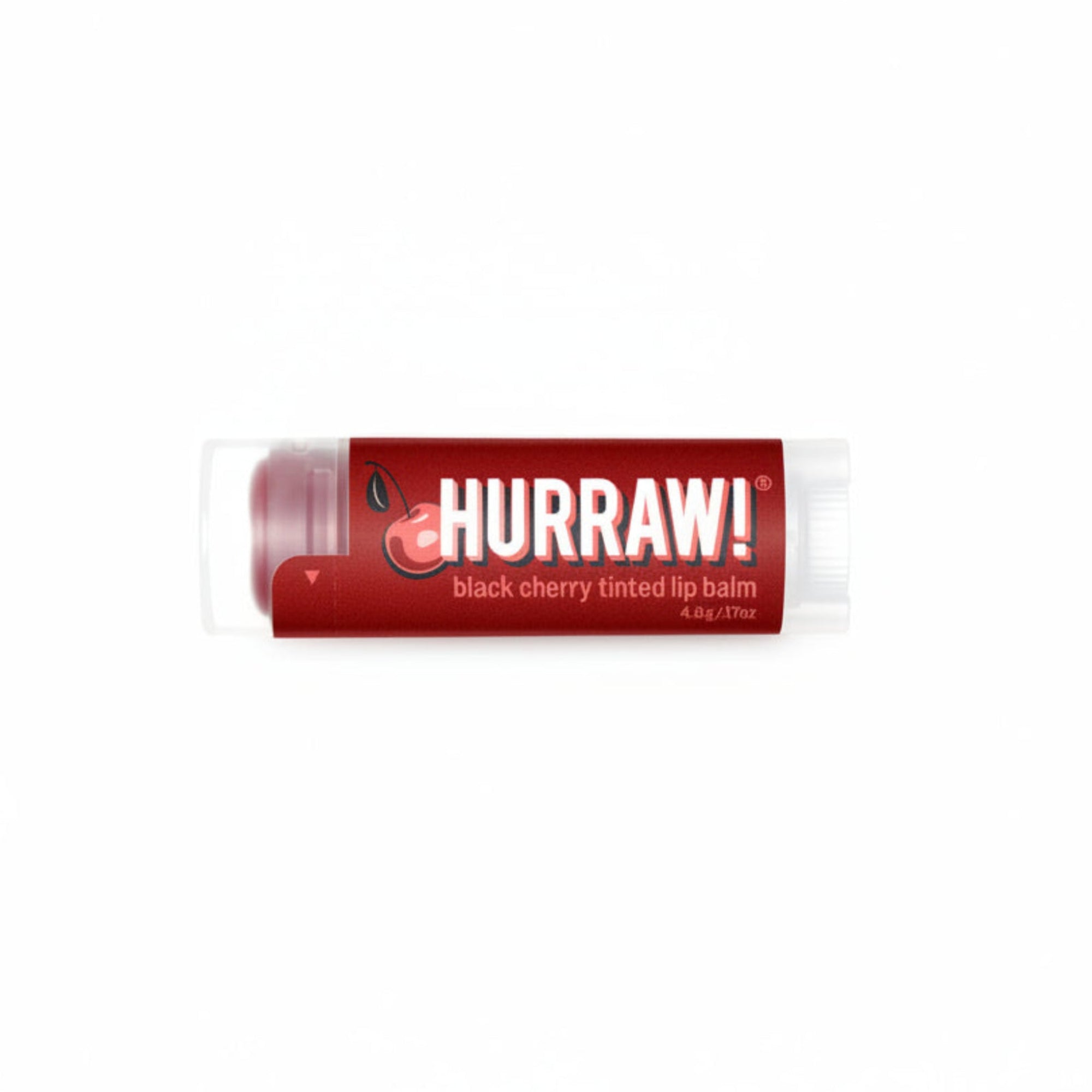 Hurraw! black cherry tinted lip balm on a white background