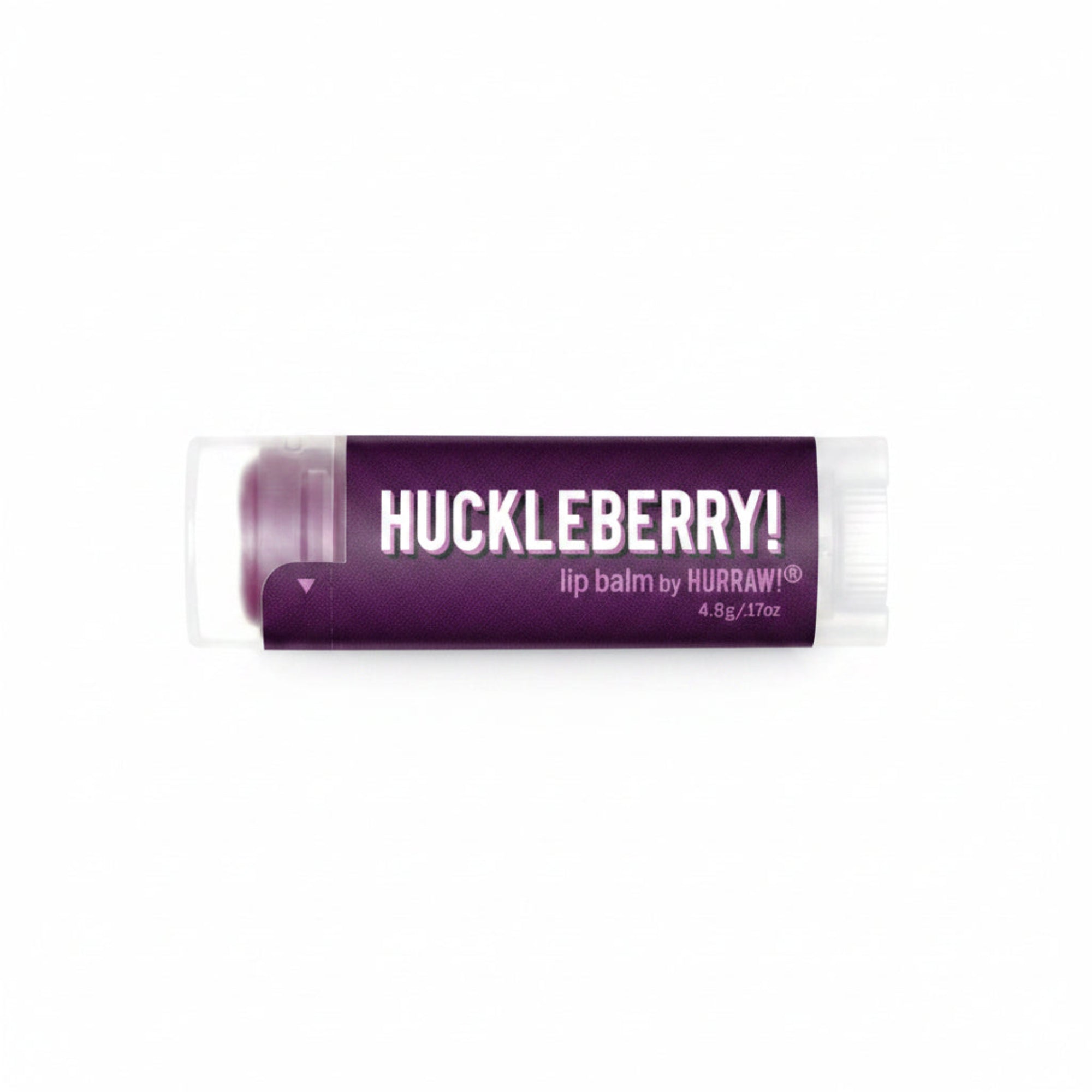 Huckleberry lip balm by Hurraw! on a white background