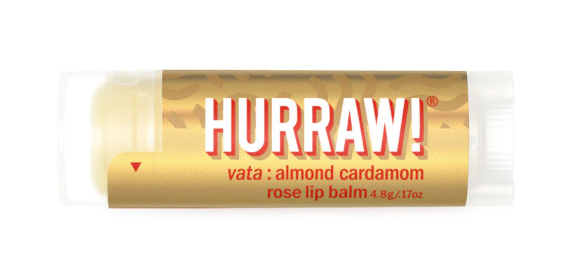 HURRAV! lip balm packaging with gold and red design on a white background