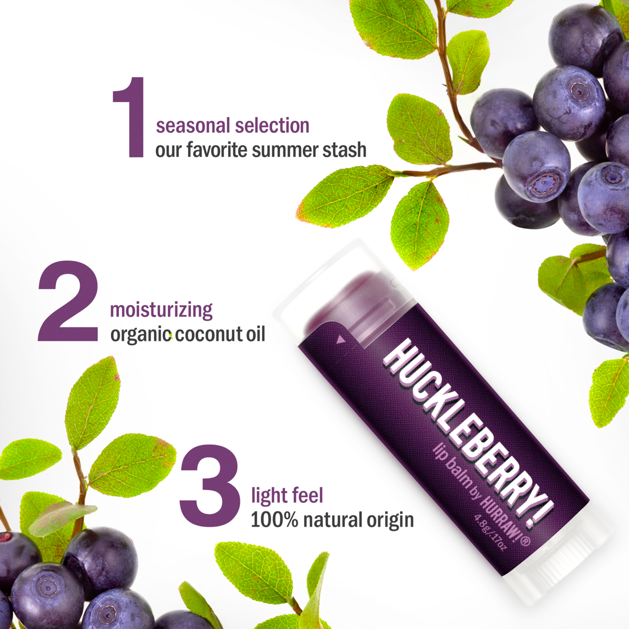 Huckleberry lip balm with huckleberries and leaves on a white background