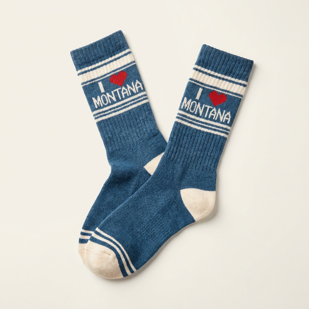 Teal blue unisex crew socks with cream stripes and a red heart reading I Love Montana, from The Ruddy Duck in Whitefish, Montana