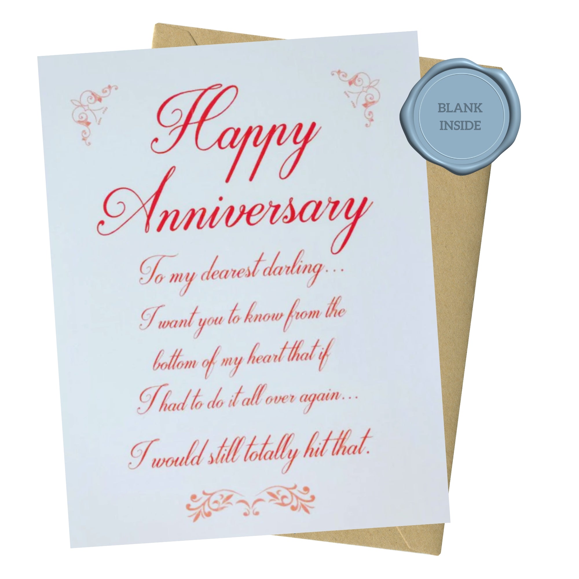 Anniversary card with red text and a wax seal on a white background