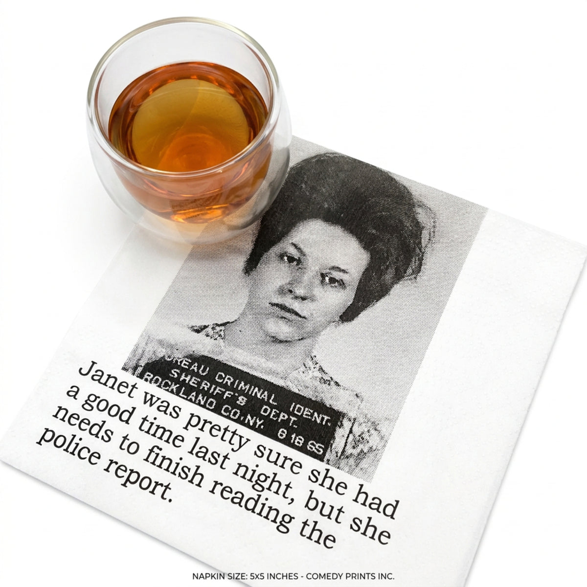 Janet's Police Report funny mugshot cocktail napkins, pack of 20, from The Ruddy Duck in Whitefish, Montana