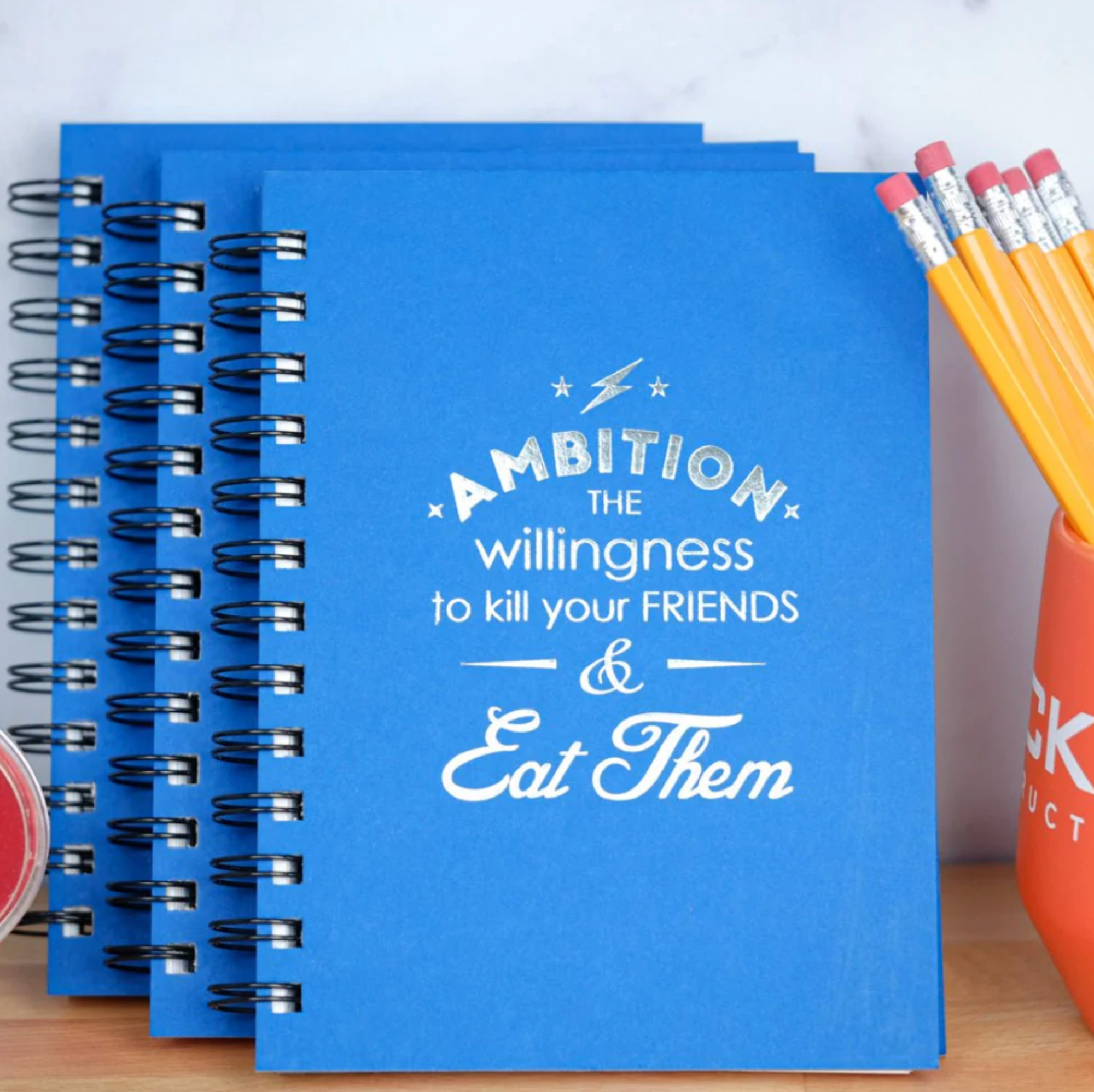 Blue notebook with sarcastic motivational quote, surrounded by pencils and a cup.