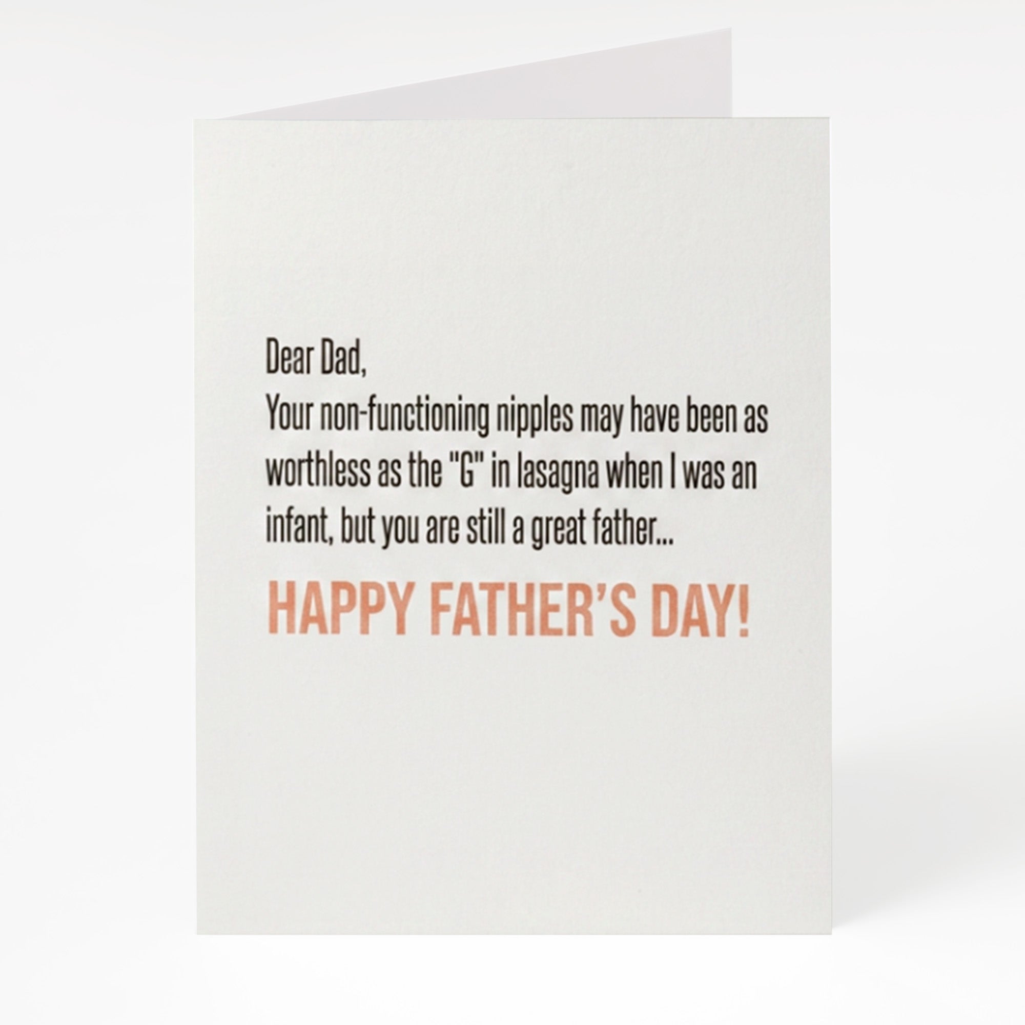 Father's Day card with humorous message on a white background